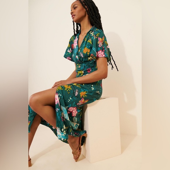 Maeve Anthropologie Teal Silky Buttonfront Shirt Dress Green Multi Floral - Picture 4 of 14